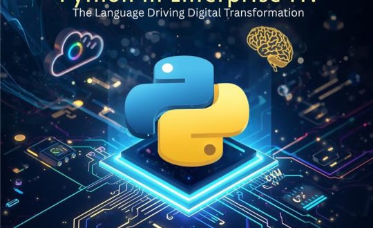 Illustration showing how Python is used in enterprise IT for automation, data analysis, and DevOps workflows