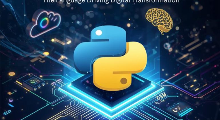 Illustration showing how Python is used in enterprise IT for automation, data analysis, and DevOps workflows
